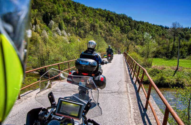 Motorbikes Crossing a Bridge During a Balkan Trip
