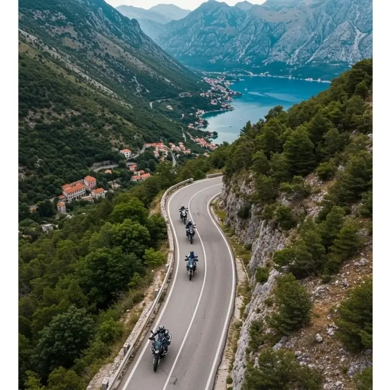 Motorcycles on a winding road in the Balkans