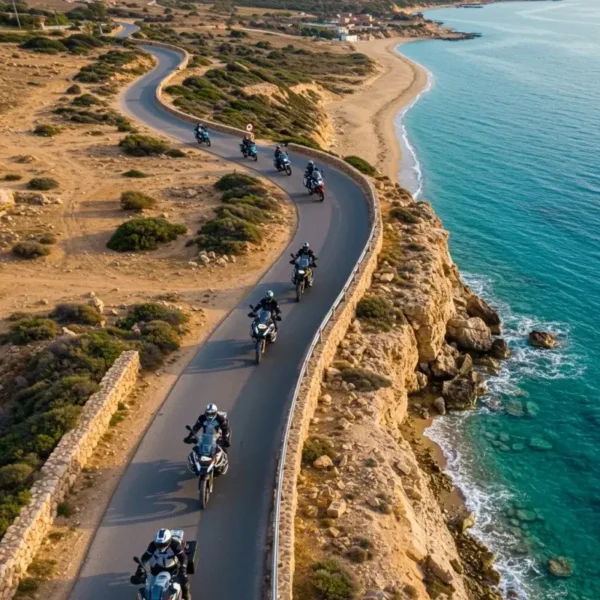 Rider on motorcycle overlooking the Mediterranean Sea in Cyprus