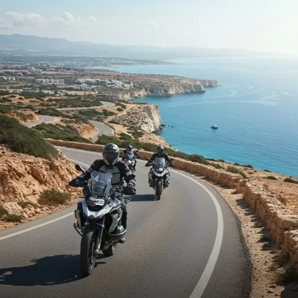 Riders in seaside motorcycle tour in Cyprus with the Mediterranean sea view