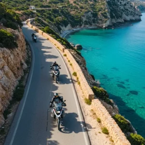A motorcyclist riding along a scenic coastal road in Greece, surrounded by stunning landscapes and clear blue sea