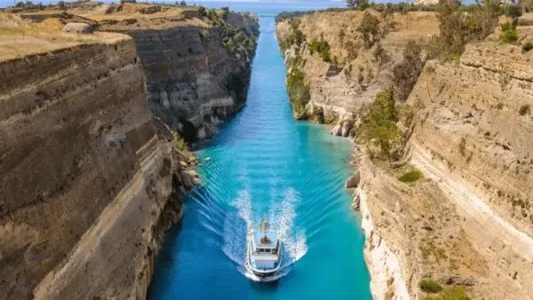 A ship passing through the Corinth Canal