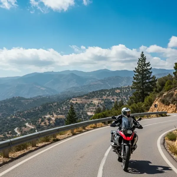 Motorcycle ride on a curvy road through the Troodos Mountains, Cyprus