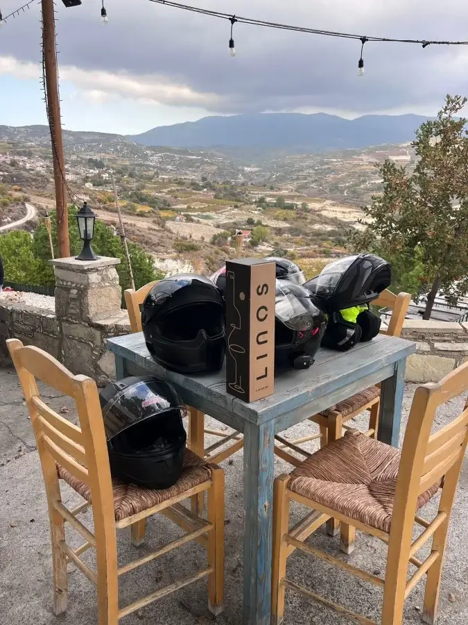 Helmets with mountain scenery in Cyprus Linos winery