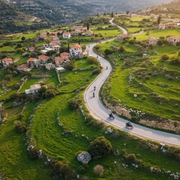Motorcyclists enjoying a scenic ride through a Cypriot village