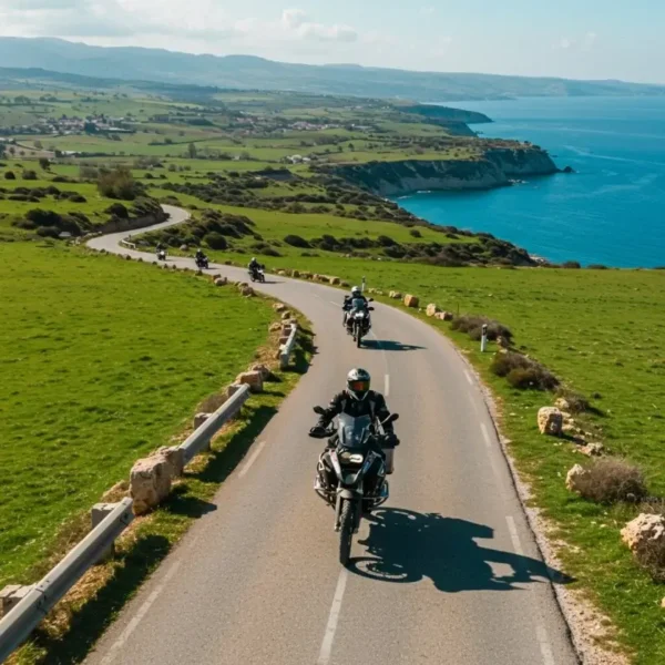 North Cyprus motorcycles touring by green fields